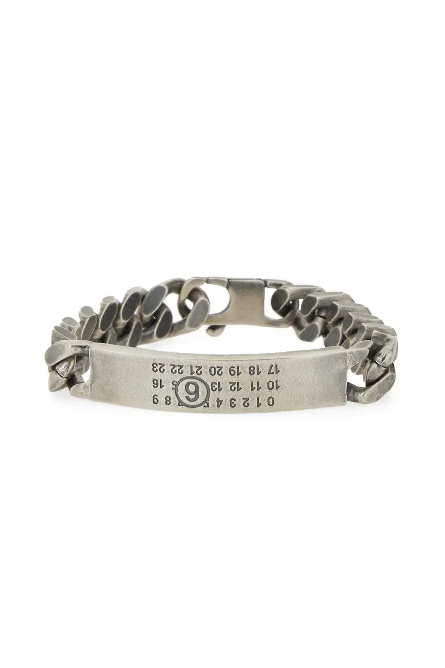 Silver-toned chain bracelet with engraved rectangular plate featuring numbers and number 9 circle by mm6 maison margiela