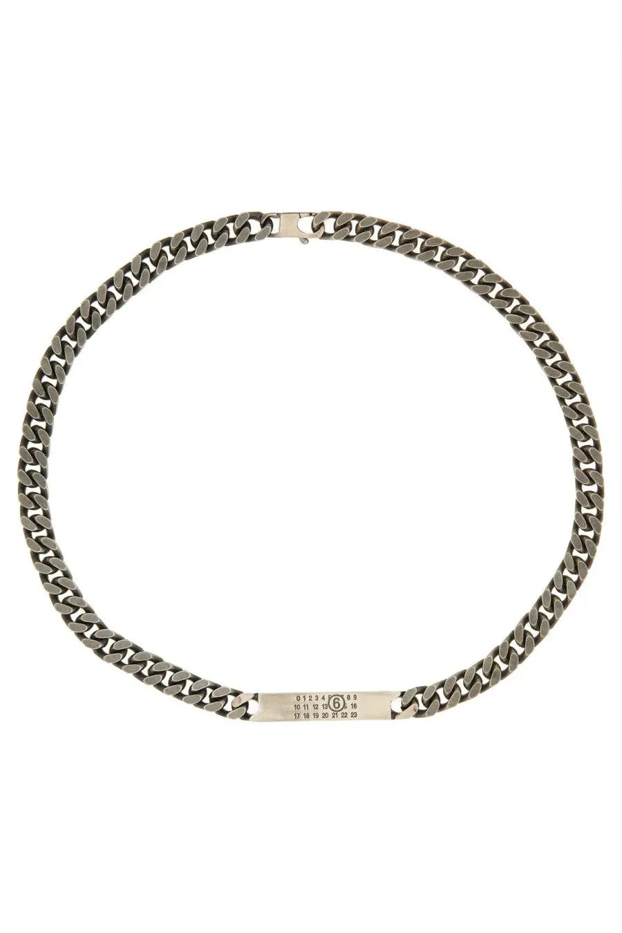 Mm6 maison margiela women’s silver heavy-duty curb chain necklace with a rectangular engraved plate bearing number 6