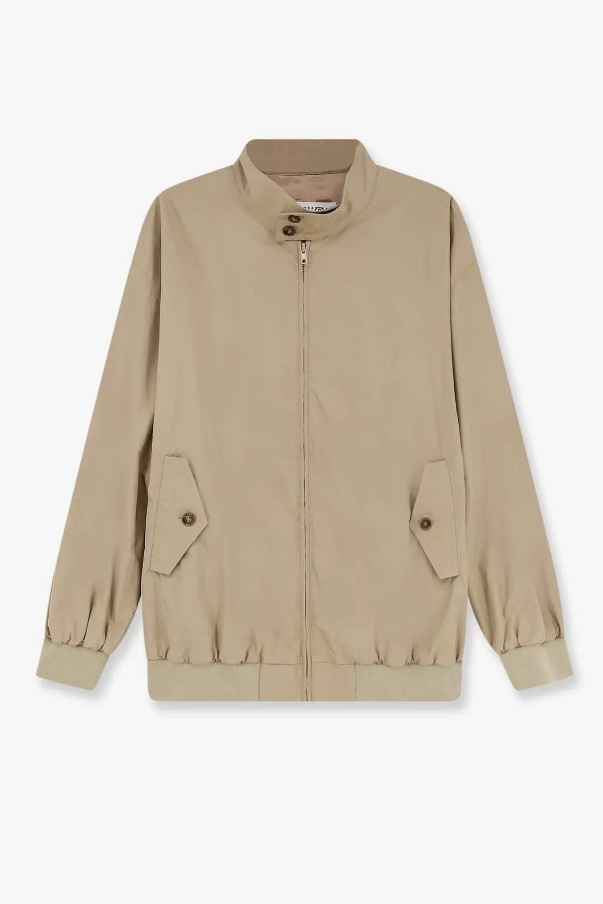 Beige cotton canvas bomber jacket by mm6 maison margiela with stand-up collar zipper closure and two button flap pockets