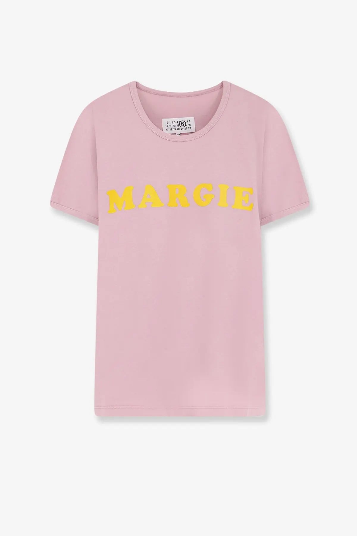 Mm6 maison margiela women’s soft pink cotton short-sleeved t-shirt with bold yellow margie lettering across the chest