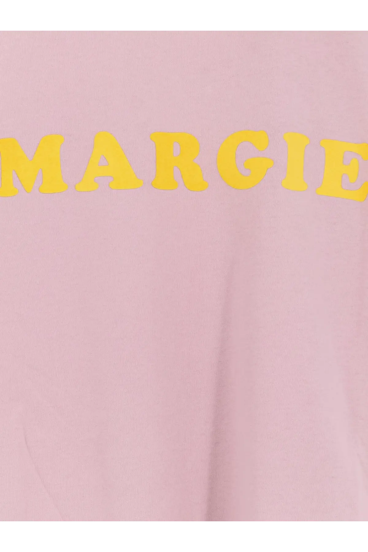 Mm6 Maison Margiela women’s soft pink cotton t-shirt with bold yellow margie lettering across the chest