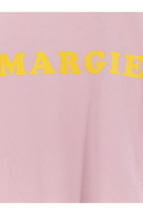 Mm6 Maison Margiela women’s soft pink cotton t-shirt with bold yellow margie lettering across the chest