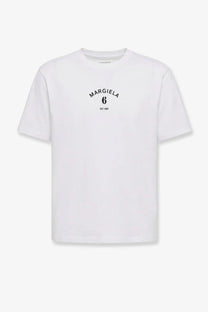 Mm6 Maison Margiela women’s white cotton t-shirt with black arched logo and est 1987 text on the chest