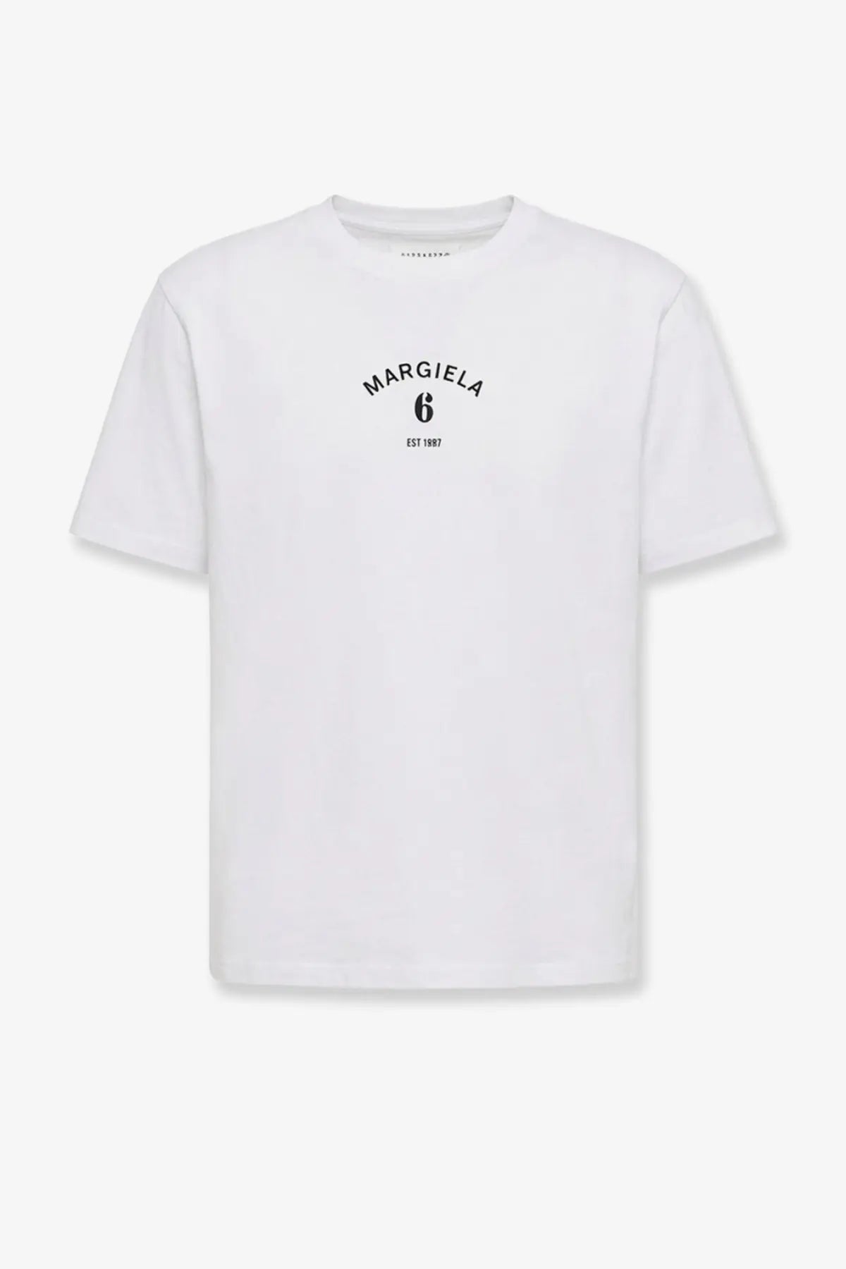 Mm6 Maison Margiela women’s white cotton t-shirt with black arched logo and est 1987 text on the chest