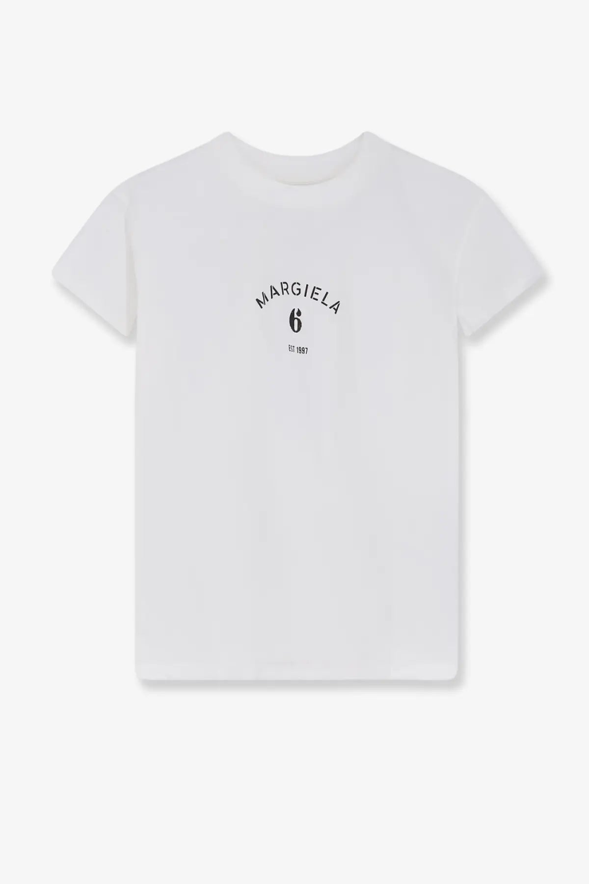 Mm6 Maison Margiela women’s white cotton t-shirt with black arched logo and est printed on the front