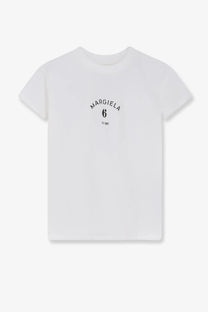 Mm6 Maison Margiela women’s white cotton t-shirt with black arched logo and est printed on the front