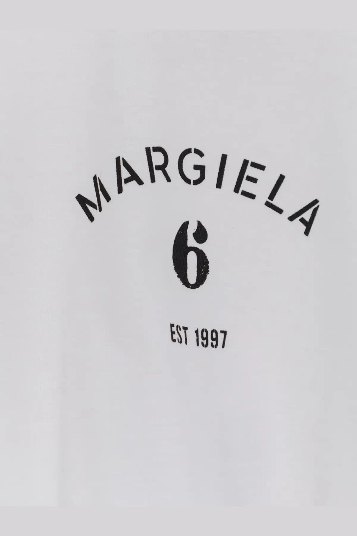 Mm6 maison margiela women’s white cotton t-shirt with bold black arched logo and est 1997 print on front