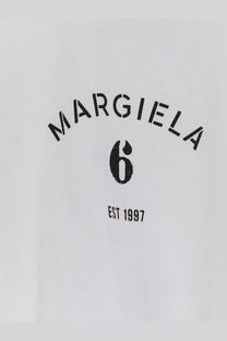 Mm6 maison margiela women’s white cotton t-shirt with bold black arched logo and est 1997 print on front