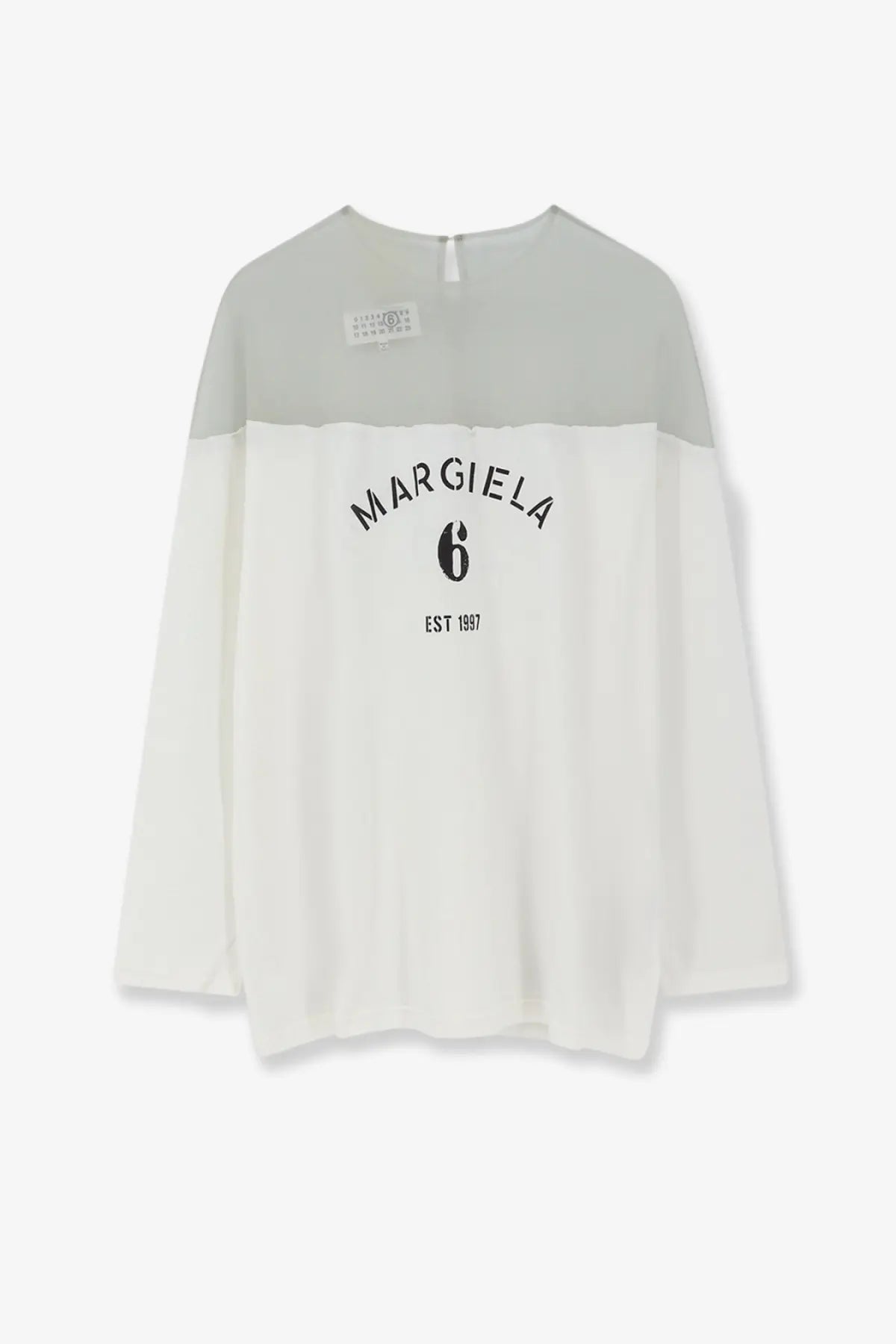 Mm6 maison margiela women’s white and gray cotton long-sleeved blouse with black margiela 6 est 1997 logo