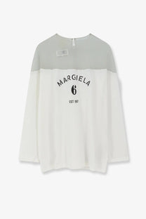 Mm6 maison margiela women’s white and gray cotton long-sleeved blouse with black margiela 6 est 1997 logo