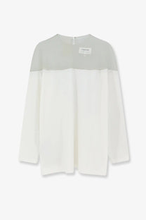 Mm6 maison margiela women’s cotton shirt featuring a soft long-sleeved two-tone design in pale gray and white