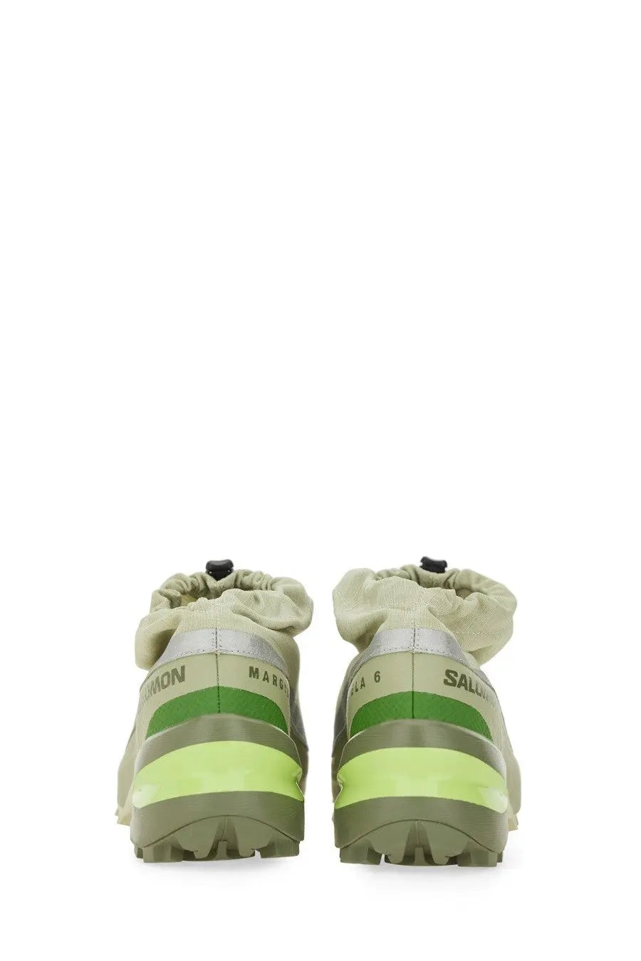 Mm6 Maison Margiela women’s cross low sneaker in olive green and neon lime with a drawstring cuff design