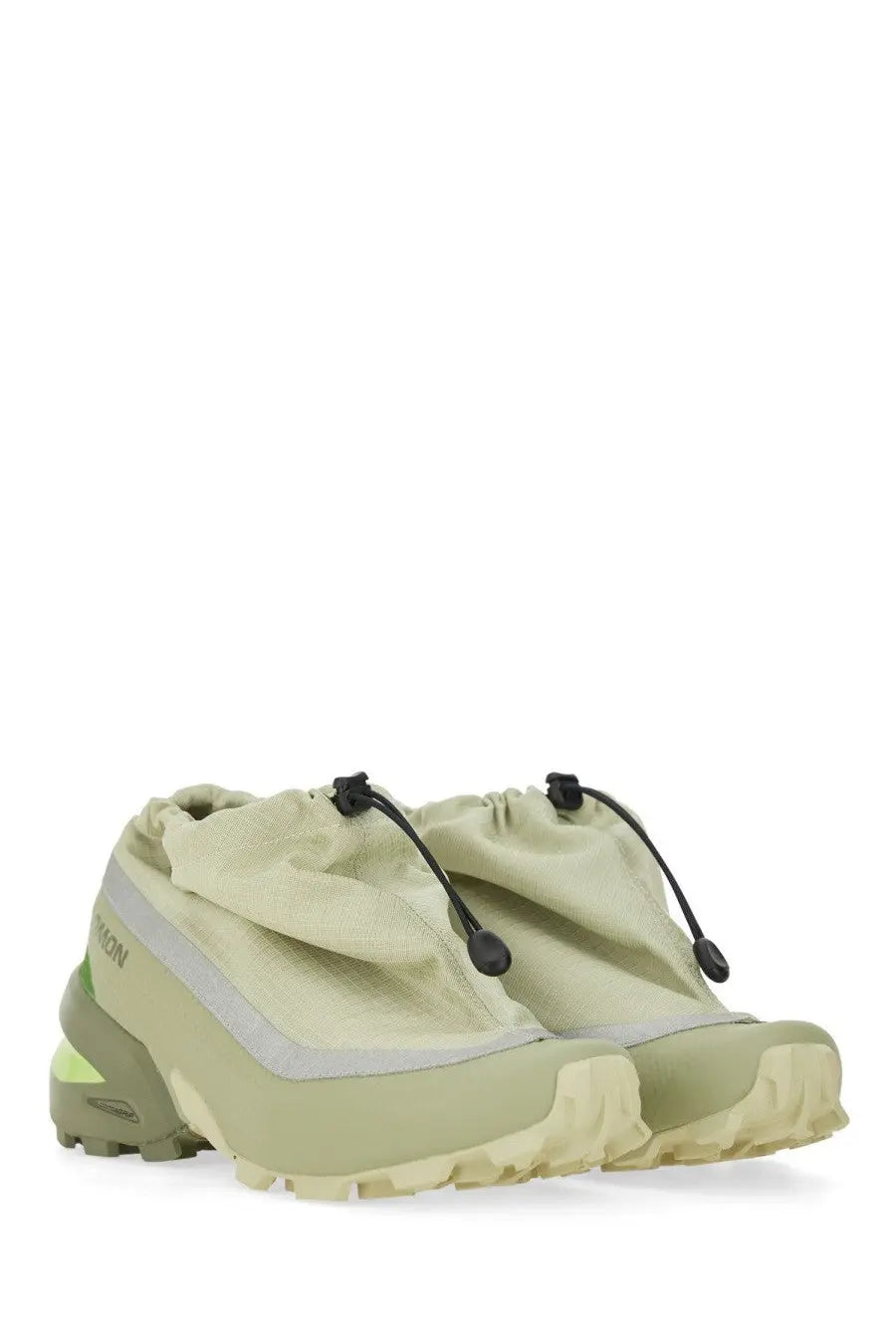 Olive green salomon x ultra 3 trail running shoes with black drawstrings and lime green heel accent for women