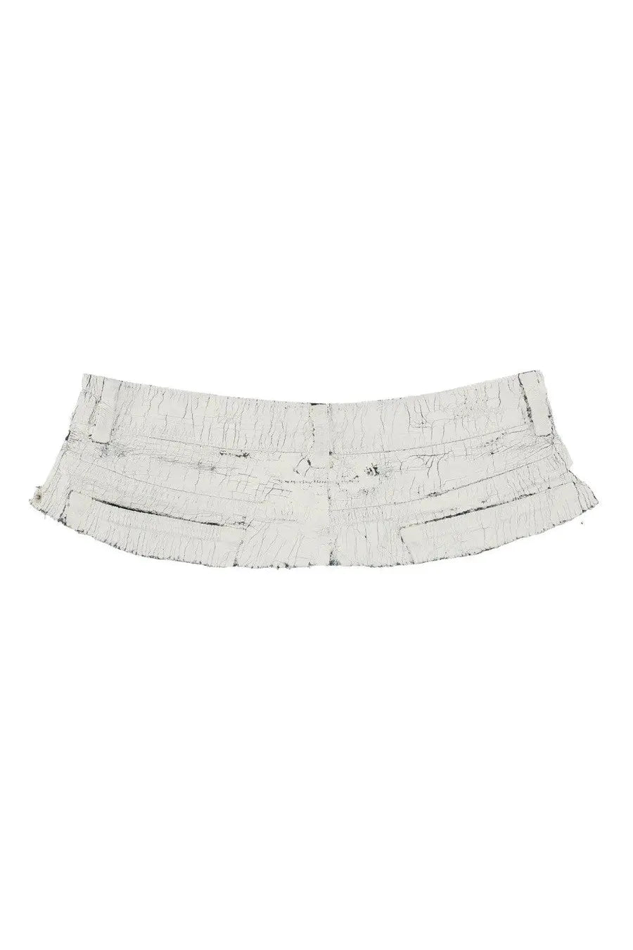 Mm6 Maison Margiela women’s white distressed denim mini skirt with frayed hem and multiple horizontal pockets