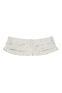 Mm6 Maison Margiela women’s white distressed denim mini skirt with frayed hem and multiple horizontal pockets