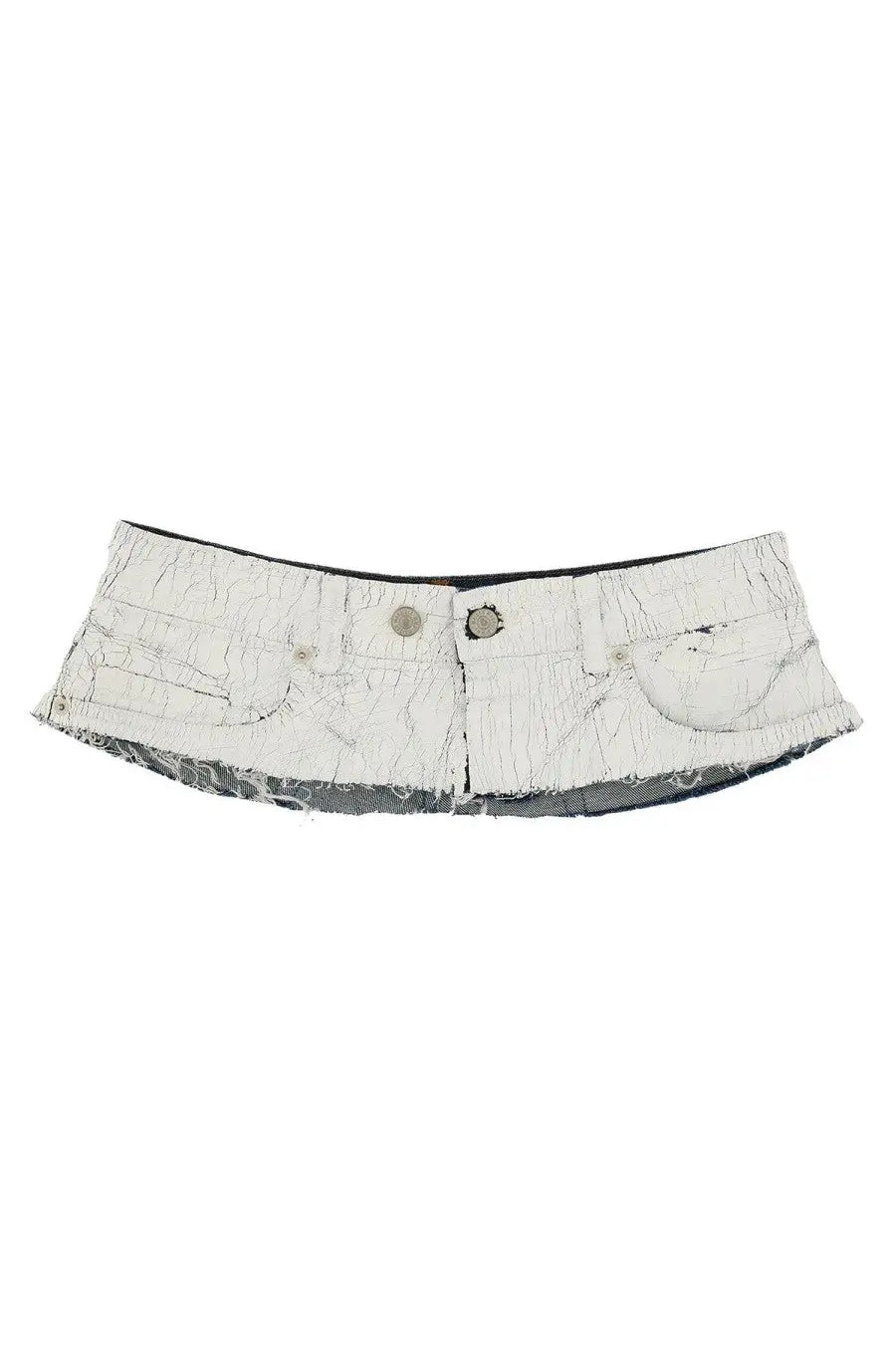 Mm6 maison margiela women’s white distressed denim mini skirt with frayed hem and button closures