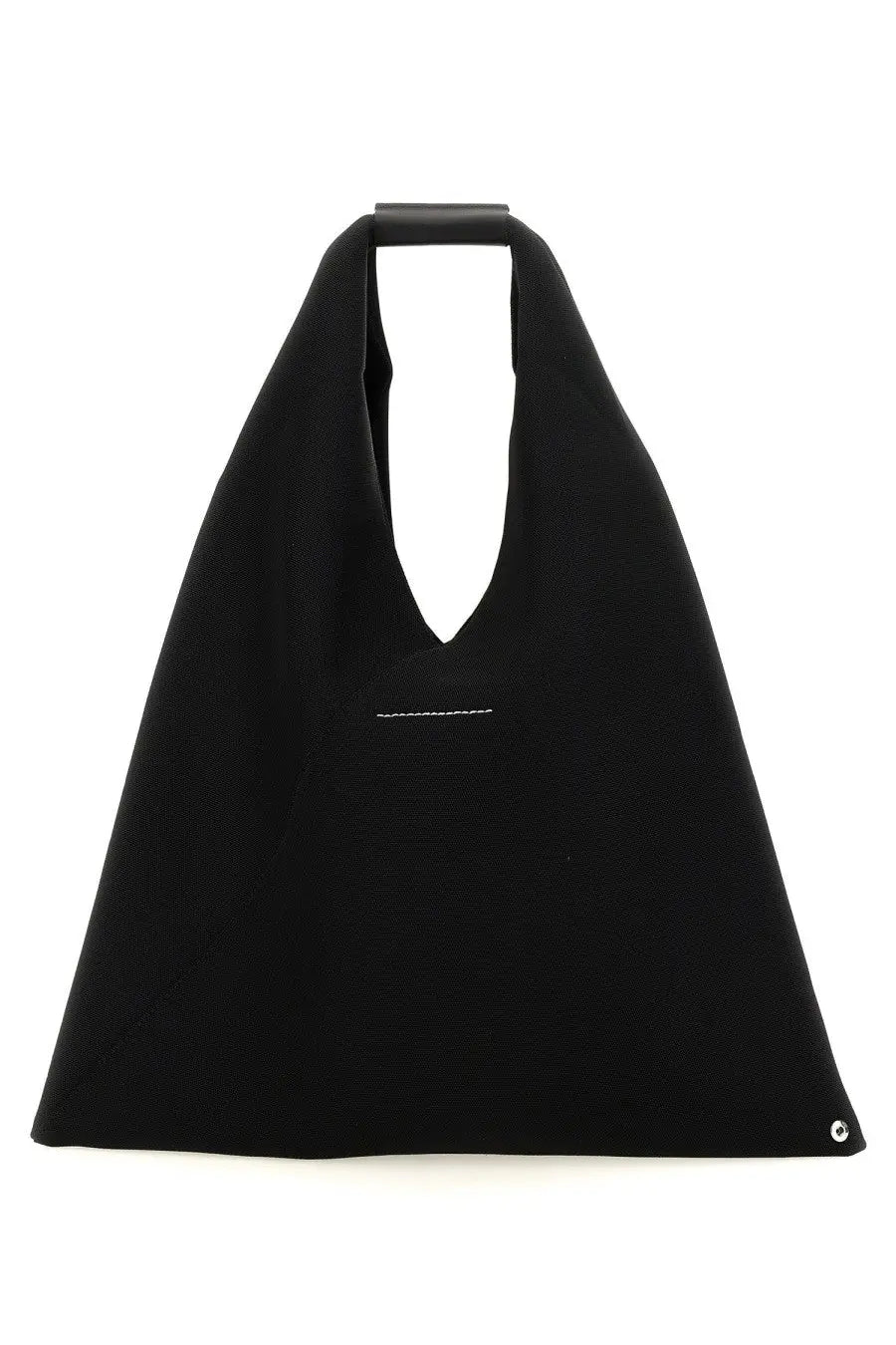 Mm6 maison margiela women’s black minimalist tote bag with structured silhouette and subtle white stitching detail