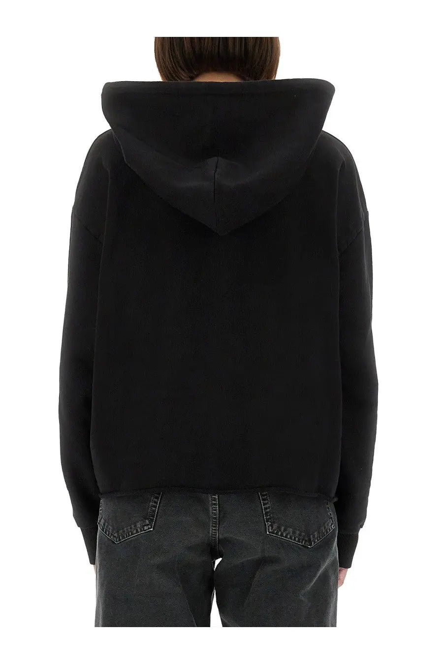 Black hooded sweatshirt by mm6 maison margiela with relaxed fit and ribbed cuffs for womens casual wear