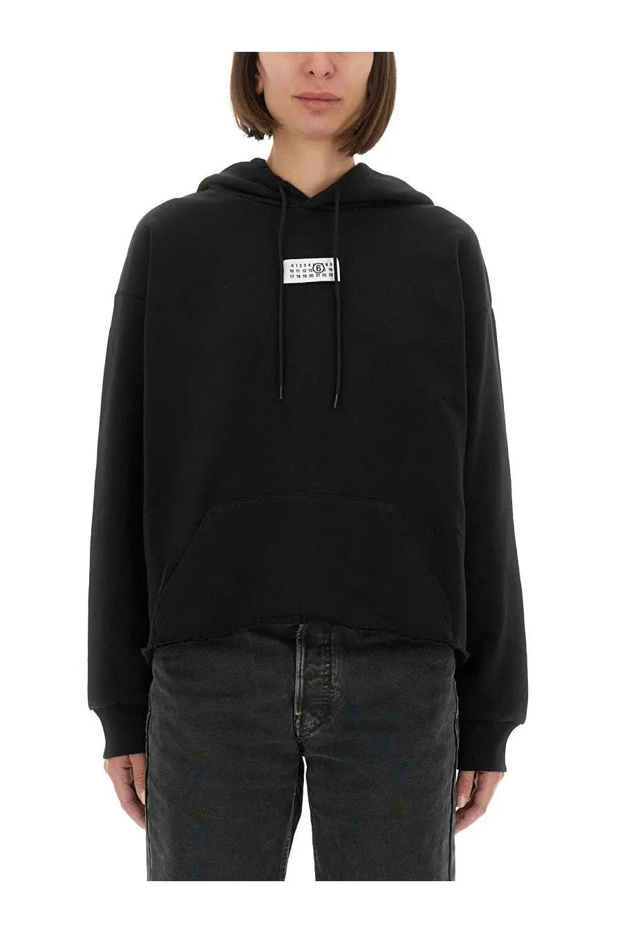 Mm6 maison margiela women’s black oversized hoodie with white rectangular logo patch and matching drawstrings