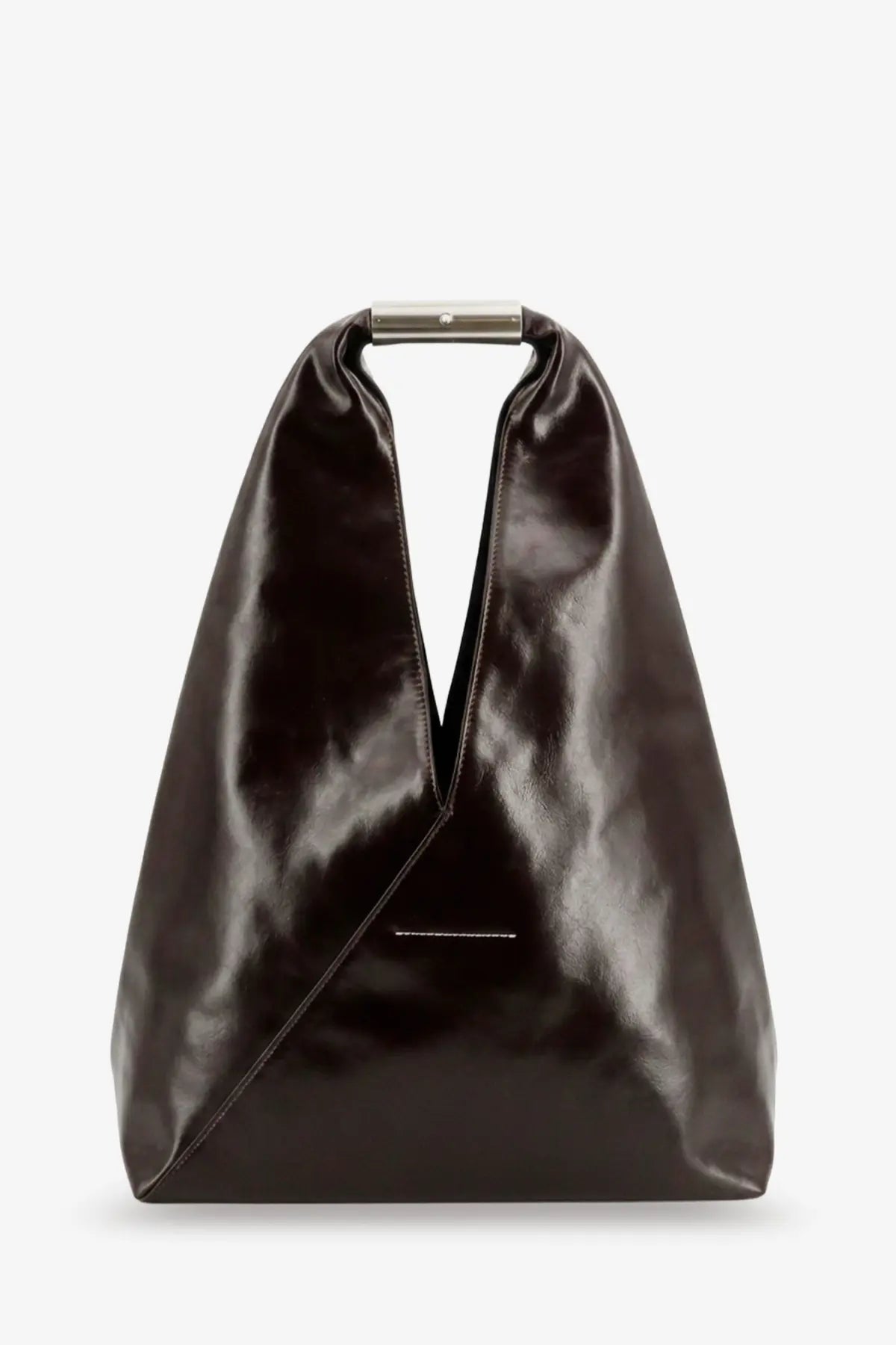 Mm6 maison margiela women’s brown shiny leather shoulder bag with black glossy leather tote and silver handle