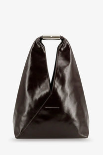 Mm6 maison margiela women’s brown shiny leather shoulder bag with black glossy leather tote and silver handle