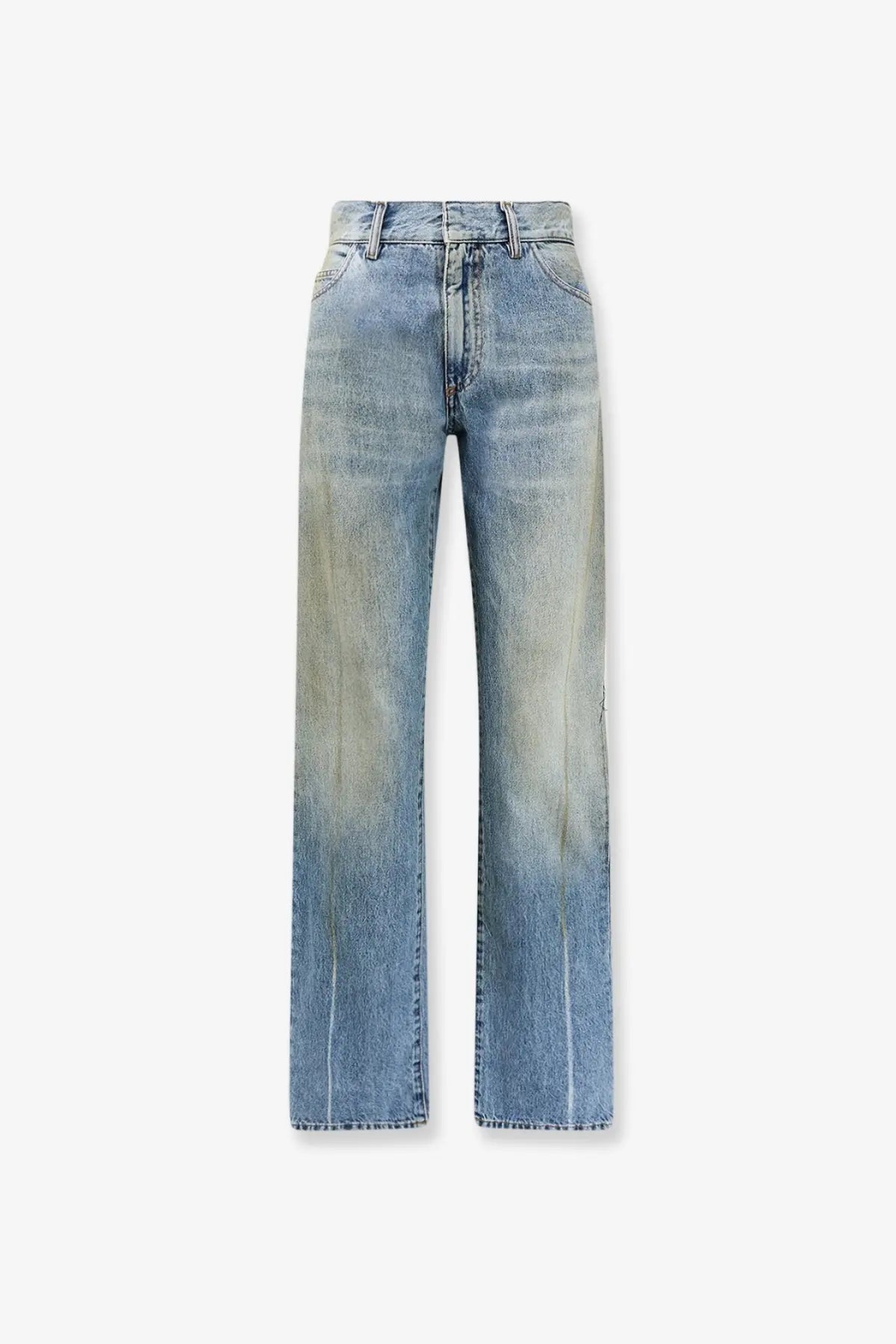 Mm6 maison margiela women’s high-waisted denim jeans with a faded gradient wash from light blue to beige