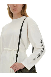 Mm6 Maison Margiela women’s white jersey shirt with long sleeves high neckline tied waist and black text on sleeve