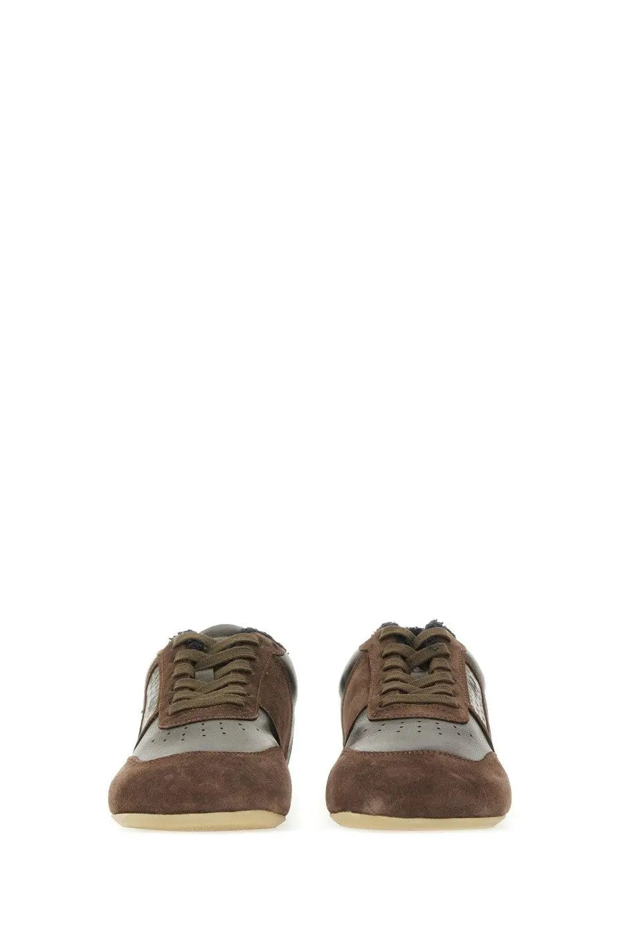 Mm6 maison margiela women’s leather sneaker brown featuring brown suede and grey leather low-top athletic design