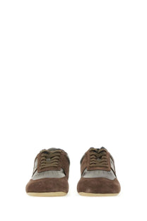 Mm6 maison margiela women’s leather sneaker brown featuring brown suede and grey leather low-top athletic design