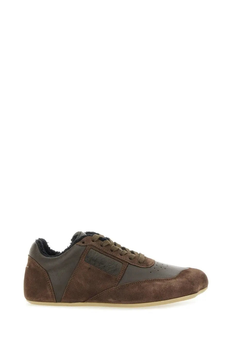 MM6 Maison Margiela women’s leather sneaker brown low-top with brown suede and leather panels and soft warm lining