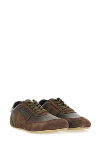 Mm6 maison margiela women’s leather sneaker brown low-top with brown suede and dark brown leather side panel