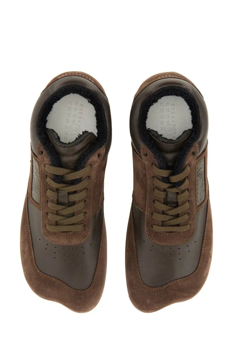 Mm6 Maison Margiela women’s brown leather sneaker with suede detail and plush white collar lining