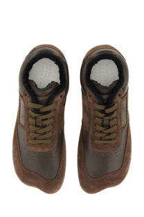 Mm6 Maison Margiela women’s brown leather sneaker with suede detail and plush white collar lining