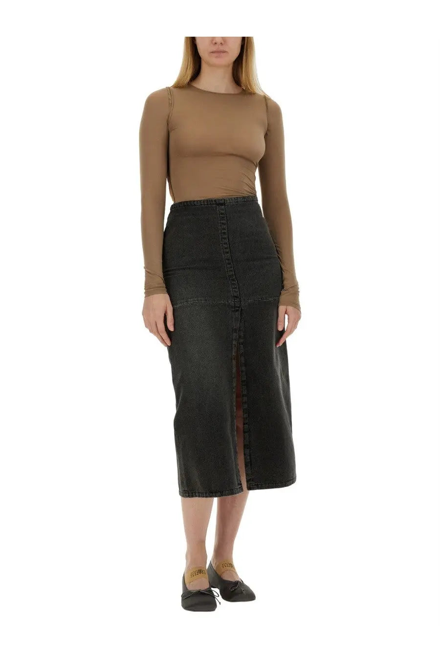 Black denim midi skirt by MM6 Maison Margiela with front button closure and split detail in grey color