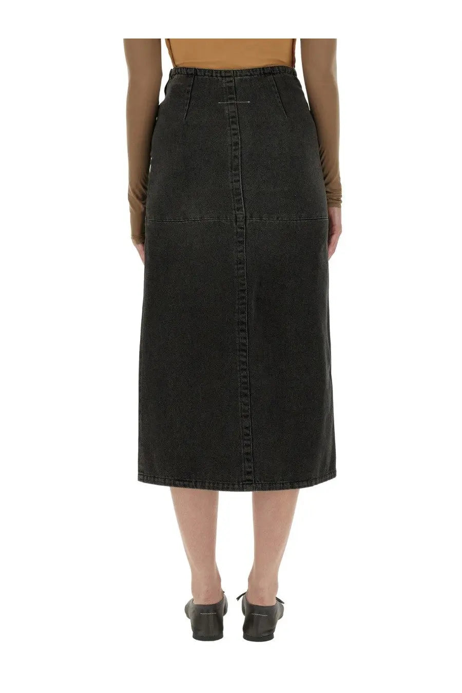 Black denim midi skirt with high waist and front seam detail from mm6 maison margiela in grey color
