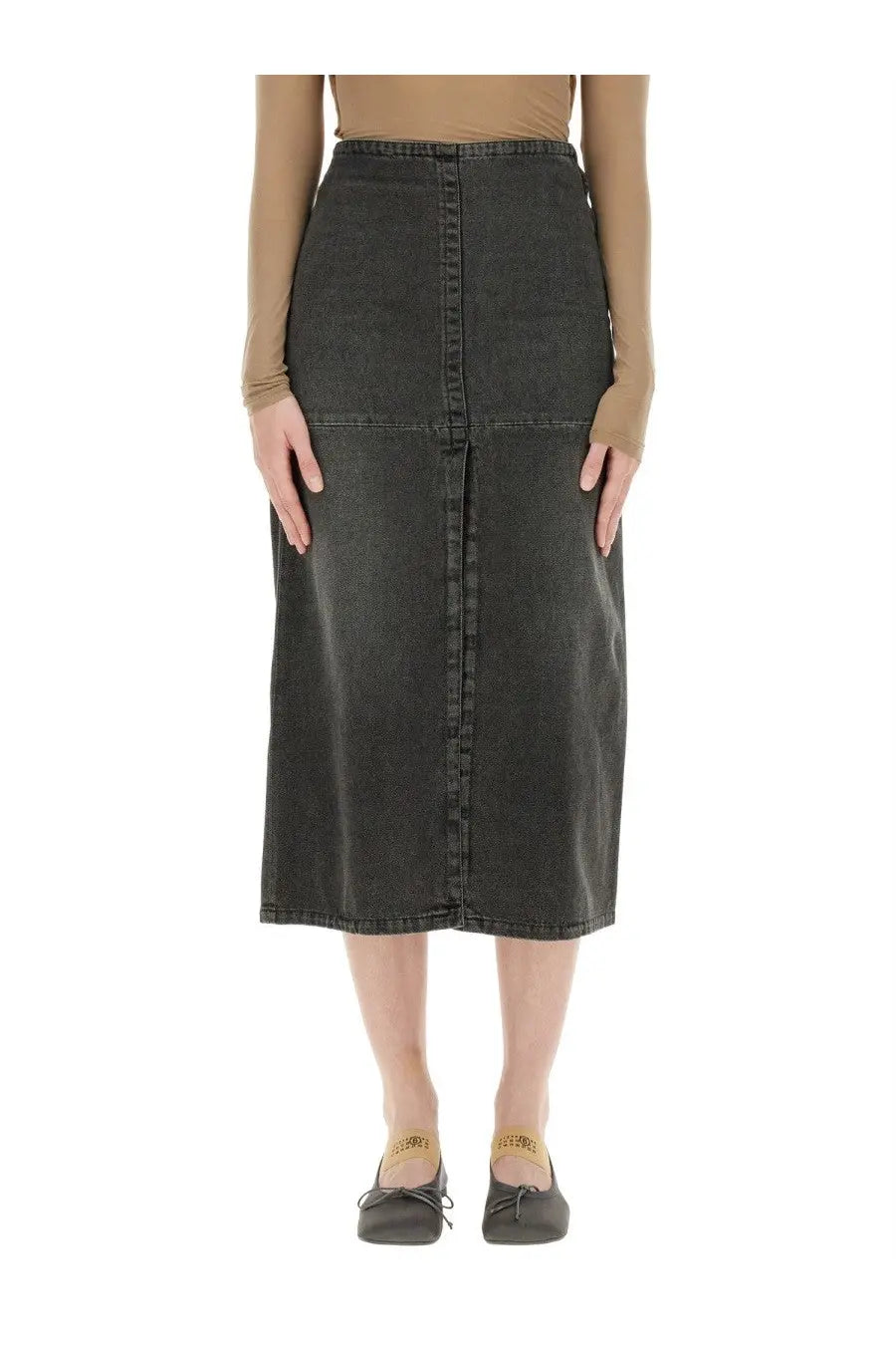Dark gray denim midi skirt with central front seam and button closure from mm6 maison margiela women’s collection