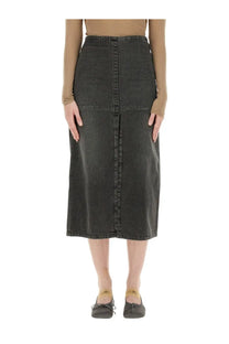 Dark gray denim midi skirt with central front seam and button closure from mm6 maison margiela women’s collection