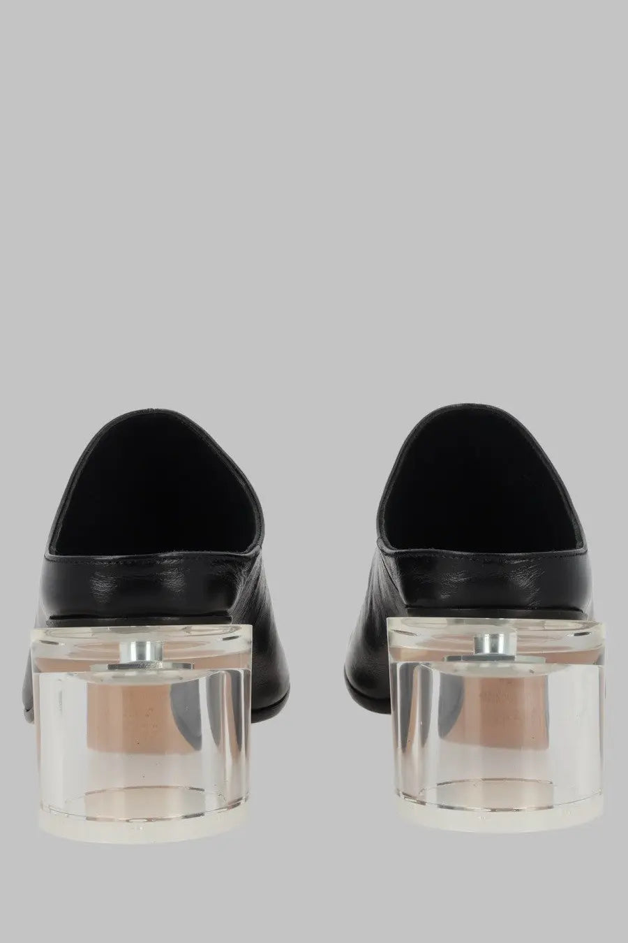 Mm6 maison margiela women’s black leather loafers featuring transparent acrylic block heels for stylish comfort