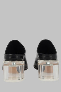 Mm6 maison margiela women’s black leather loafers featuring transparent acrylic block heels for stylish comfort