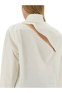 Mm6 maison margiela women’s oversize fit off-white blouse shown from the back with a modern cut-out detail