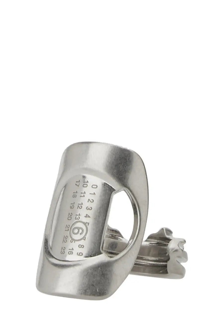 Silver-toned metal bottle opener with engraved numerical sequence and circular logo for mm6 maison margiela women’s ring silver