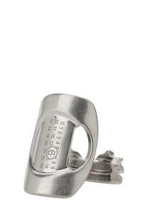 Silver-toned metal bottle opener with engraved numerical sequence and circular logo for mm6 maison margiela women’s ring silver