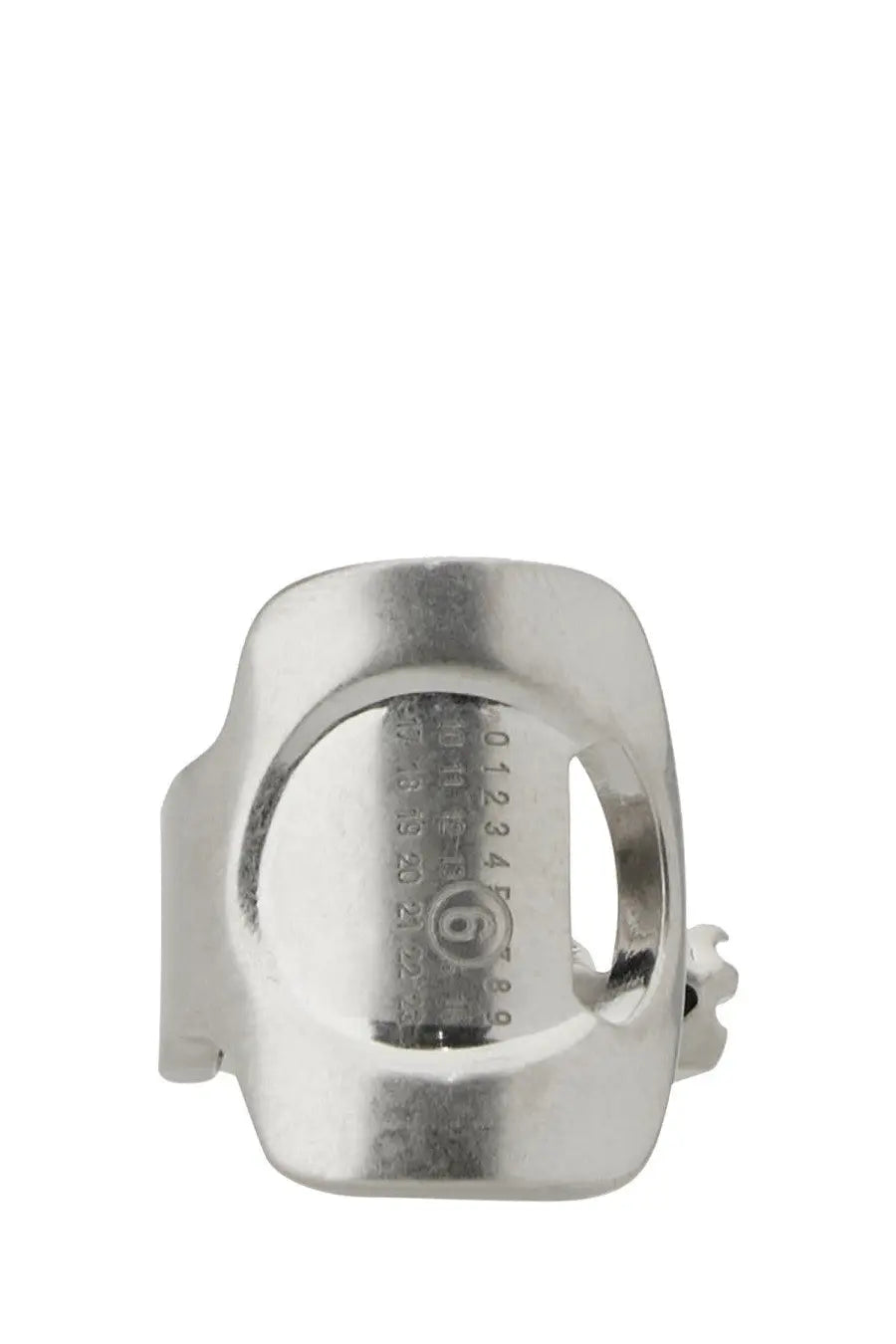 Silver-toned metal ring with a rectangular rounded shape and engraved logo inside mm6 maison margiela women’s ring silver