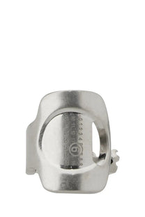 Silver-toned metal ring with a rectangular rounded shape and engraved logo inside mm6 maison margiela women’s ring silver