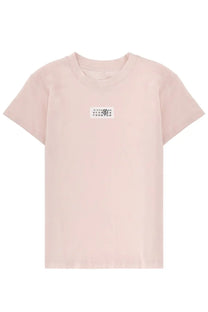 Mm6 Maison Margiela women’s soft blush pink short-sleeved t-shirt with minimalist white label and black logo on chest
