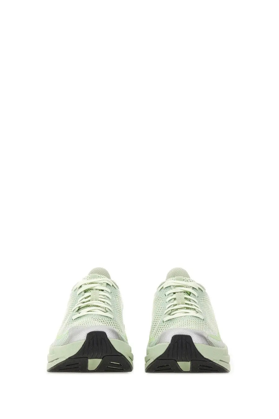 Mm6 maison margiela women’s spectur sneaker in light green mesh with silver accents and black rubber soles
