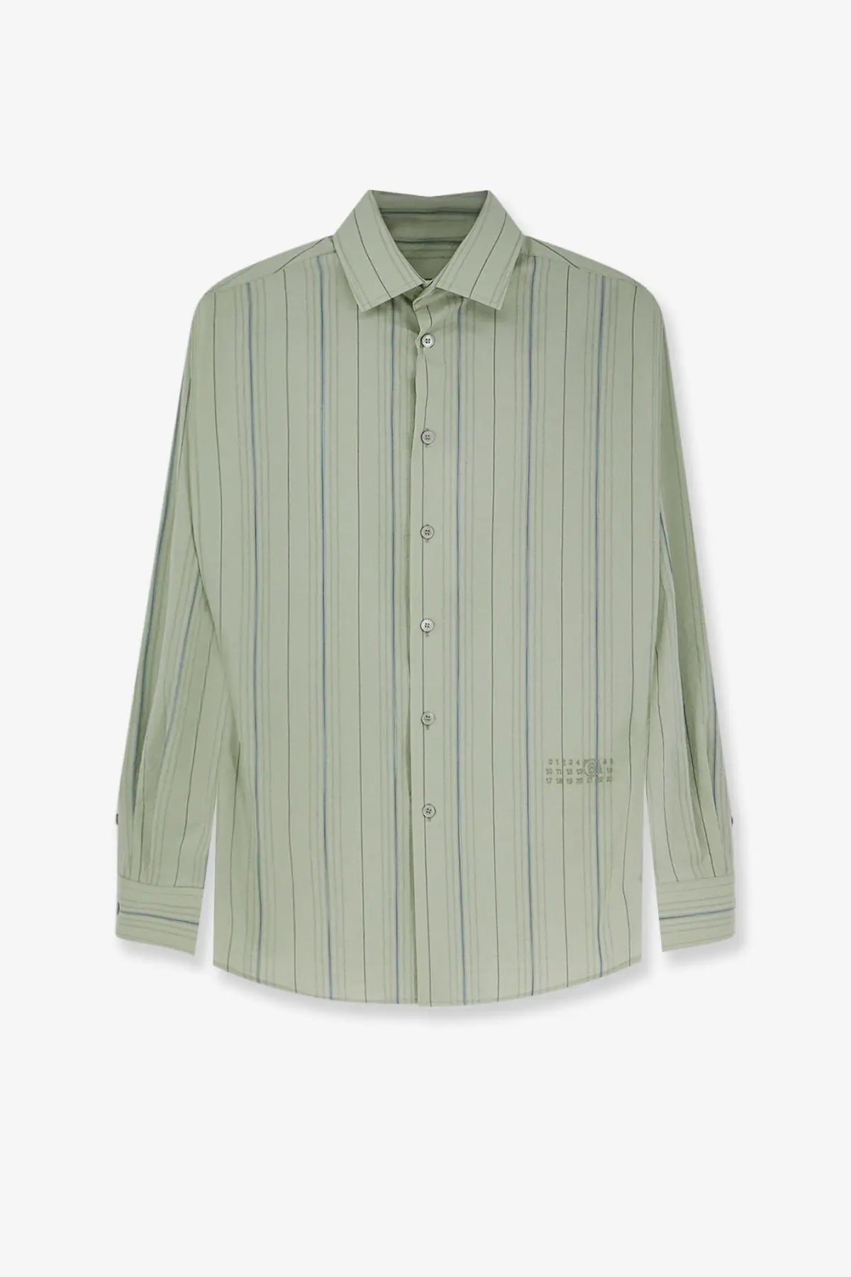 Mm6 Maison Margiela women’s light green cotton button-up shirt with thin vertical stripes and a subtle sleeve logo
