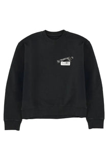 Black MM6 Maison Margiela women’s crewneck sweatshirt with a small vintage-style camera graphic on left chest