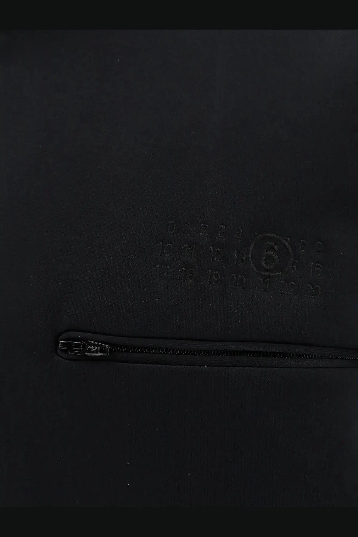 Black leather wallet with embossed calendar design and silver zipper complementing mm6 maison margiela sweatshirt