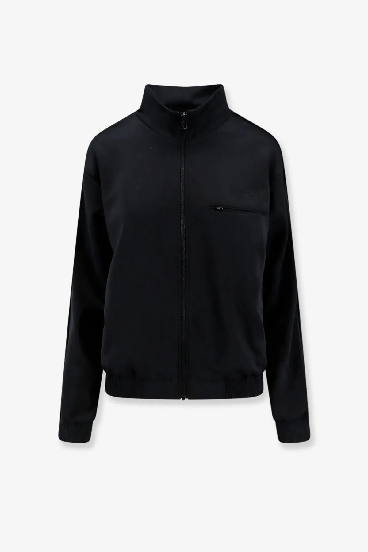 Mm6 Maison Margiela women’s black zip-up sweatshirt with high collar and subtle chest pocket in soft fabric